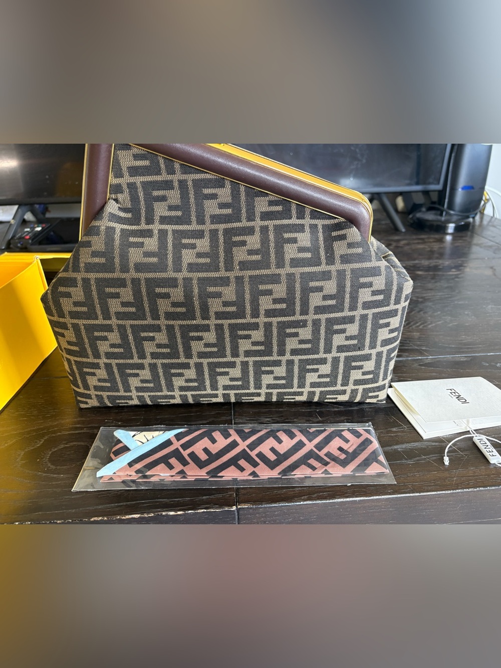 Fendi Brown Zucca Logo Pouch with Dark Trim